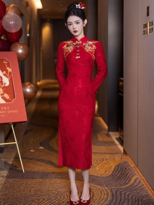 Red Fleece Long Sleeve Wedding Bridal Cheongsam Qipao Dress