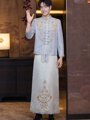 Jacquard Beads Dragon Men Wedding Qun Kwa Jacket & Skirt