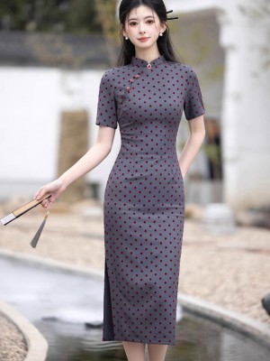 Gray Dots Midi Cheongsam Qipao Dress
