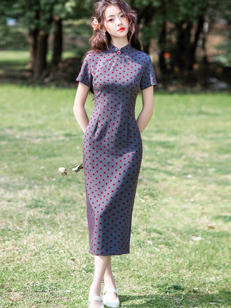 Gray Dots Midi Cheongsam Qipao Dress Gray Dots Midi Cheongsam Qipao Dress