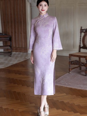 Purple Floral Suede Long Sleeve Winter Cheongsam Qipao Dress