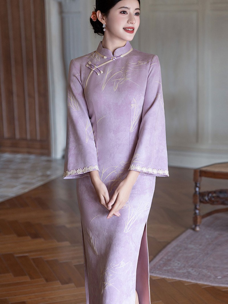 Purple Floral Suede Long Sleeve Winter Cheongsam Qipao Dress