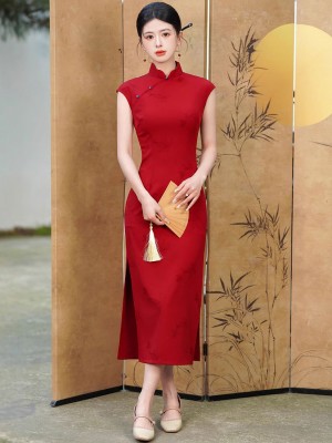 Red Floral Maxi Cheongsam Qipao Dress