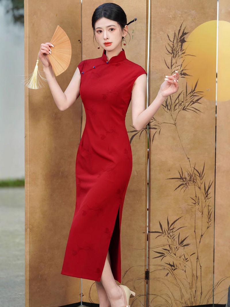 Red Floral Maxi Cheongsam Qipao Dress