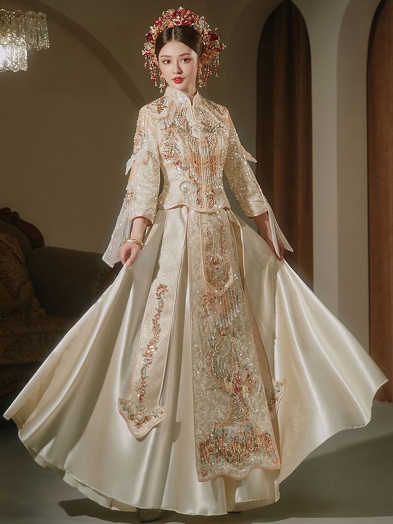 Champagne Sequins Phoenix Dragon Wedding Bridal Qun Kwa