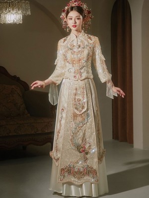Champagne Sequins Phoenix Dragon Wedding Bridal Qun Kwa