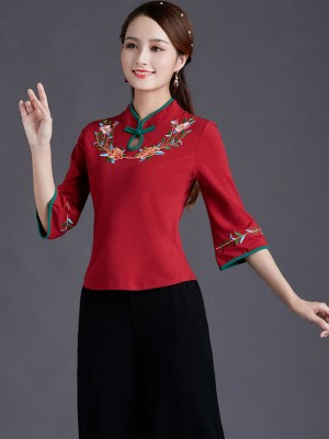 Green Burgundy Embroidered Qipao Cheongsam Top