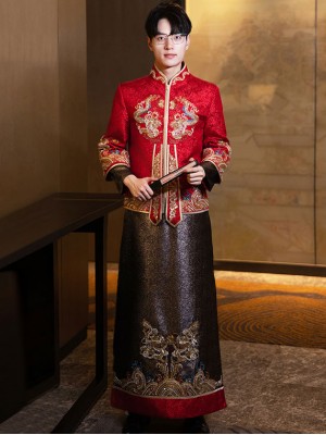 Shimmer Beads Dragon Man Groom Wedding Qun Gua Jacket & Skirt
