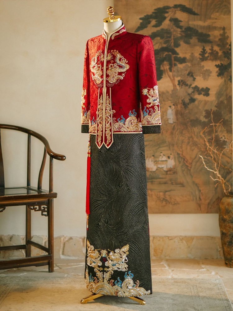 Shimmer Beads Dragon Man Groom Wedding Qun Gua Jacket & Skirt