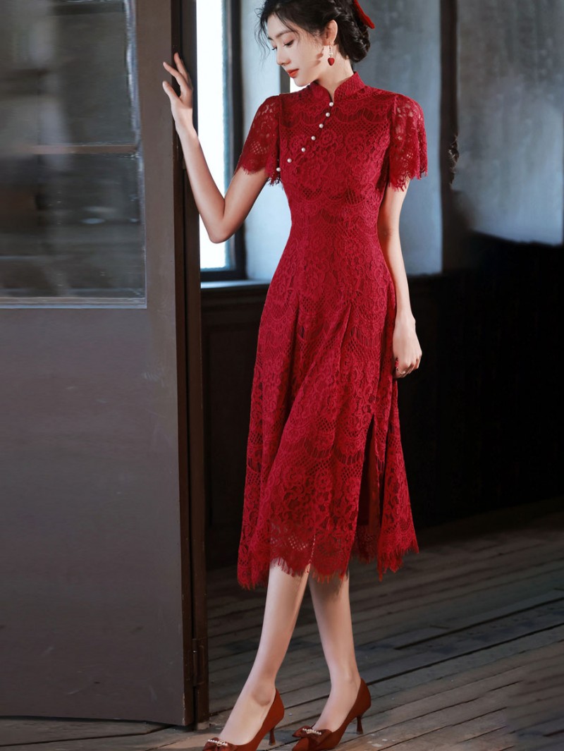 Burgundy Lace A-line Midi Cheongsam Qipao Dress