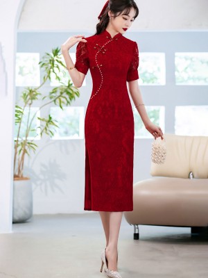 Burgundy Lace Midi Wedding Bridal Cheongsam Qipao Dress