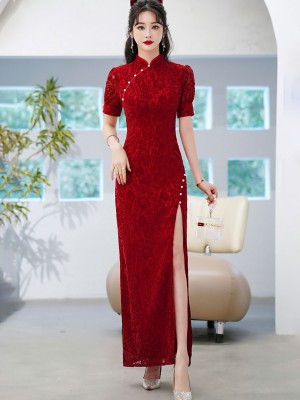 Burgundy Lace Thigh Split Cheongsam Qipao Dress