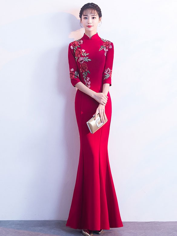 Mermaid Fishtail Appliques Maxi Qipao Cheongsam Prom Dress