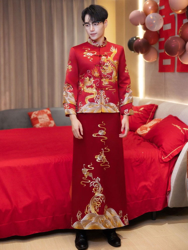 Red Embroidered Dragon Man Wedding Qun Kwa Jacket & Skirt Red Embroidered Dragon Man Wedding Qun Kwa Jacket & Skirt
