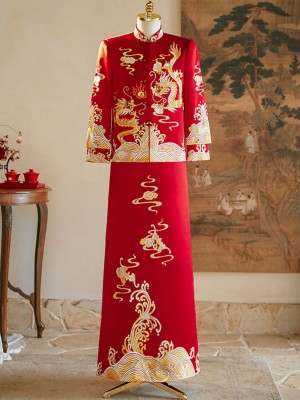 Red Embroidered Dragon Man Wedding Qun Kwa Jacket & Skirt