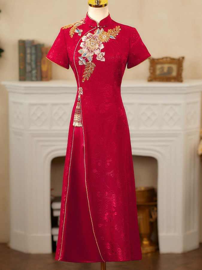 Red Embroidered A-Line Wedding Bridal Cheongsam Qipao Dress