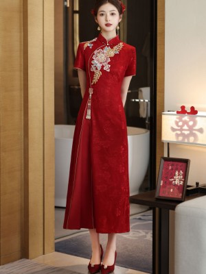 Red Embroidered A-Line Wedding Bridal Cheongsam Qipao Dress