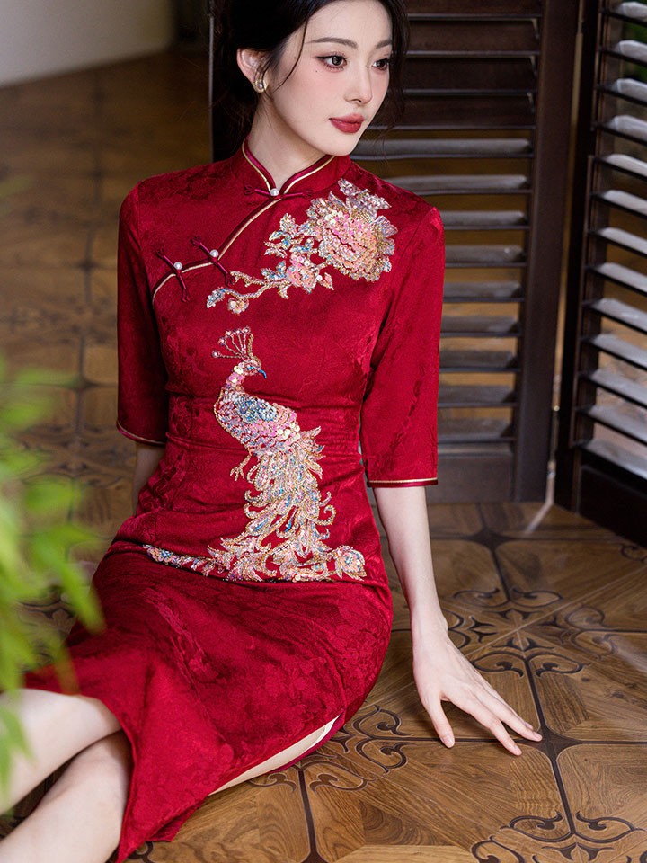 Red Sequins Phoenix Midi Wedding Bridal Cheongsam Qipao Dress
