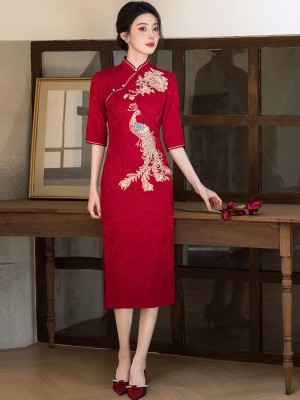 Red Sequins Phoenix Midi Wedding Bridal Cheongsam Qipao Dress