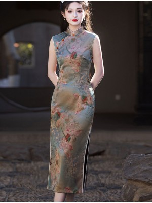 Lotus Print Midi Cheongsam Qipao Dress