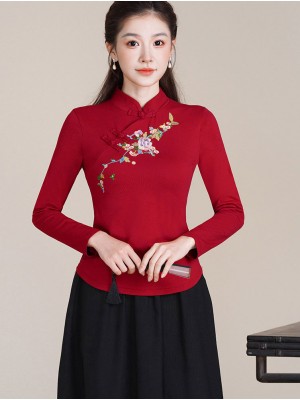 Black Red Embroidered Floral Woman Cheongsam Blouse Top