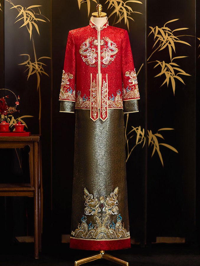 Shimmer Beads Dragon Man Groom Wedding Qun Gua Jacket & Skirt