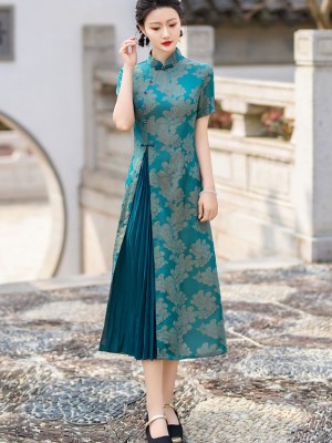 Clearance Fuchsia Blue Jacquard Mothers A-Line Cheongsam Dress