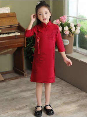 Red Print Suede Kids Girls Qipao Cheongsam Dress