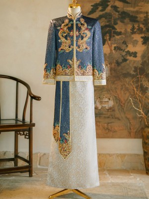 Shimmer Sequins Dragon Men Wedding Qun Kwa Jacket & Skirt