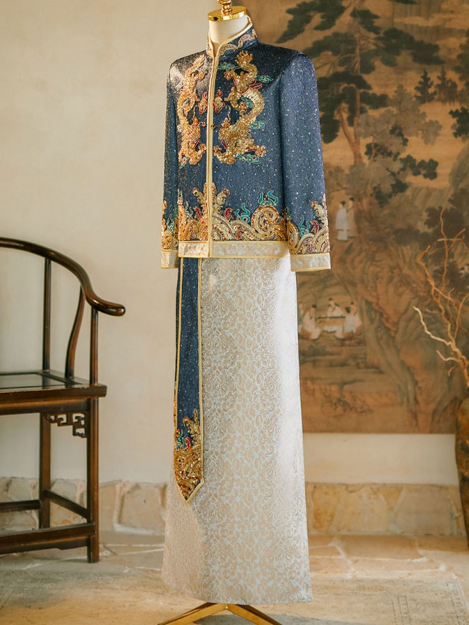 Shimmer Sequins Dragon Men Wedding Qun Kwa Jacket & Skirt