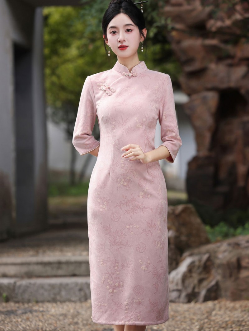 Floral Print Suede Winter Cheongsam Qipao Dress