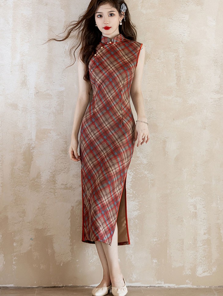 Red Green Plaid Midi Cheongsam Qipao Dress