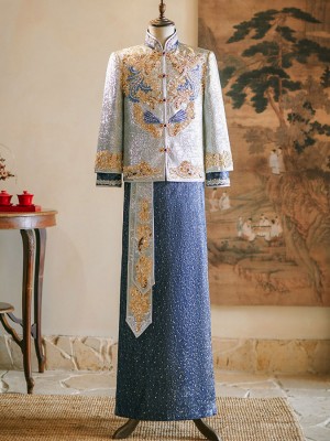 Blue Jacquard Beads Men Wedding Qun Kwa Jacket & Skirt