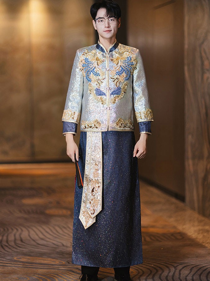 Blue Jacquard Beads Men Wedding Qun Kwa Jacket & Skirt