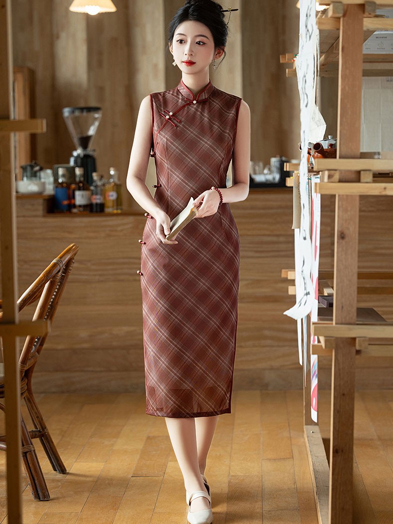 Brown Green Plaid Midi Cheongsam Qipao Dress