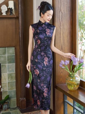 2026 Floral Print Silk Long Cheongsam Qipao Dress