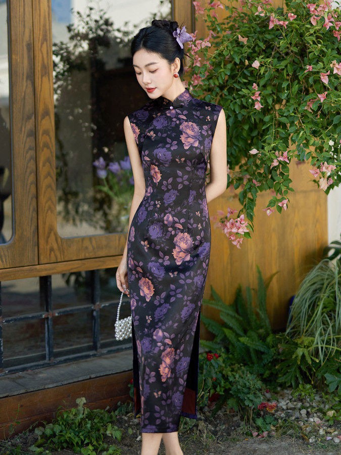 2026 Floral Print Silk Long Cheongsam Qipao Dress