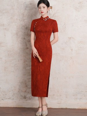 2026 Orange Modern Long Cheongsam Qipao Dress
