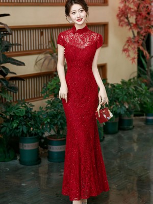 Red Shimmer Lace Fishtail Bridal Wedding Cheongsam Qipao Dress