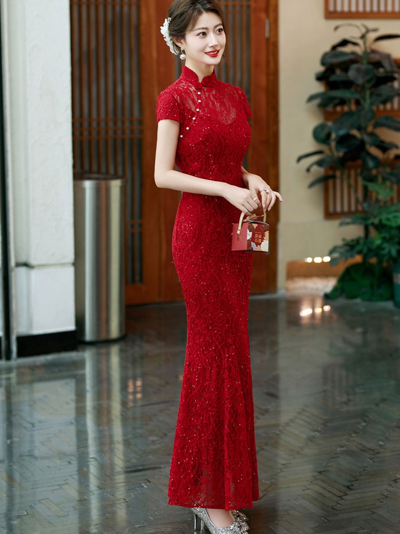 Burgundy Lace Thigh Split Cheongsam Qipao Dress