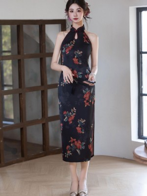 2026 Black Summer Floral Print Halter Cheongsam Qipao Dress