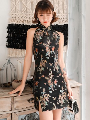 Halter Jacquard Phoenix Dragon Cheongsam Qipao Dress