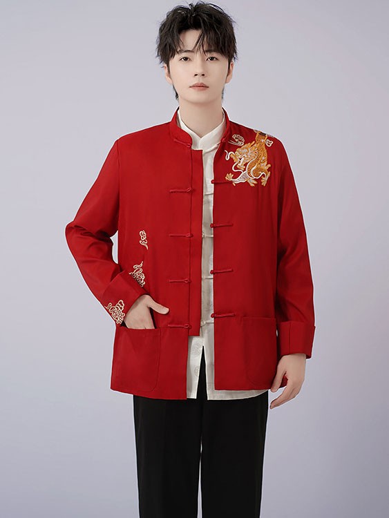Red Black Man Dragon Chinese Tang Suit Uniform Kungfu Jacket