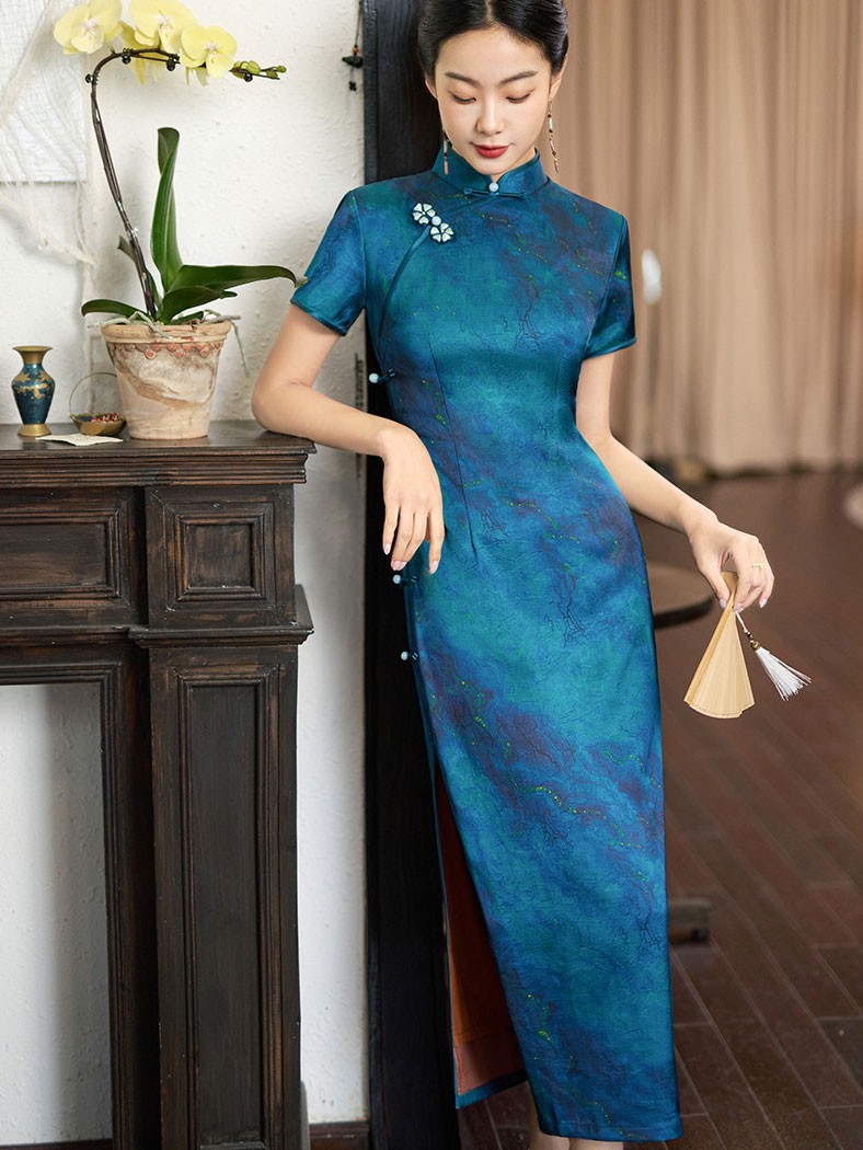 2026 Blue Print Satin Long Qipao Cheongsam Dress