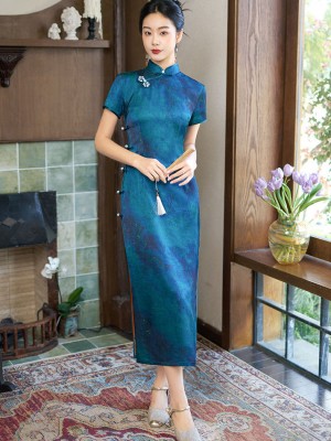 2026 Blue Print Satin Long Qipao Cheongsam Dress