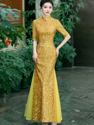 Gold Silver Sequins Long Cheongsam Qipao Dress