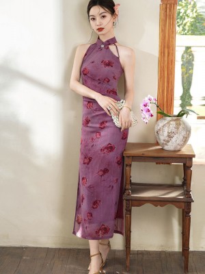 Purple Green Floral Halter Cheongsam Qipao Dress