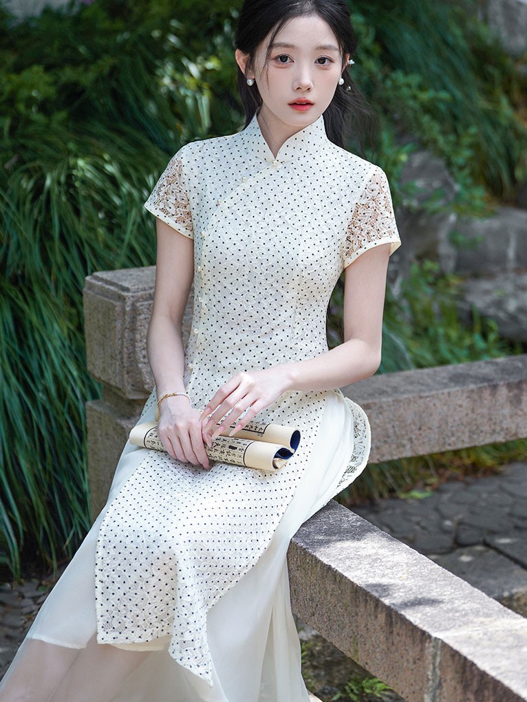 White Dots Lace A-Line Cheongsam Dress