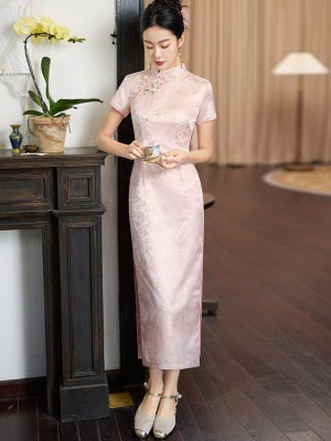 Yellow Pink Jacquard Long Qipao Cheongsam Dress