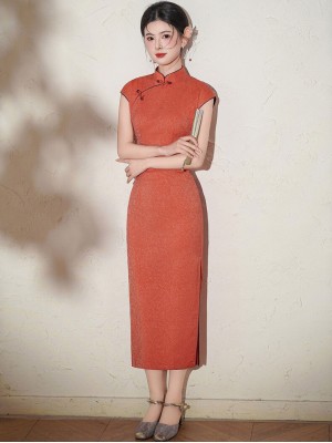 Orange Jacquard Long Cheongsam Qipao Dress
